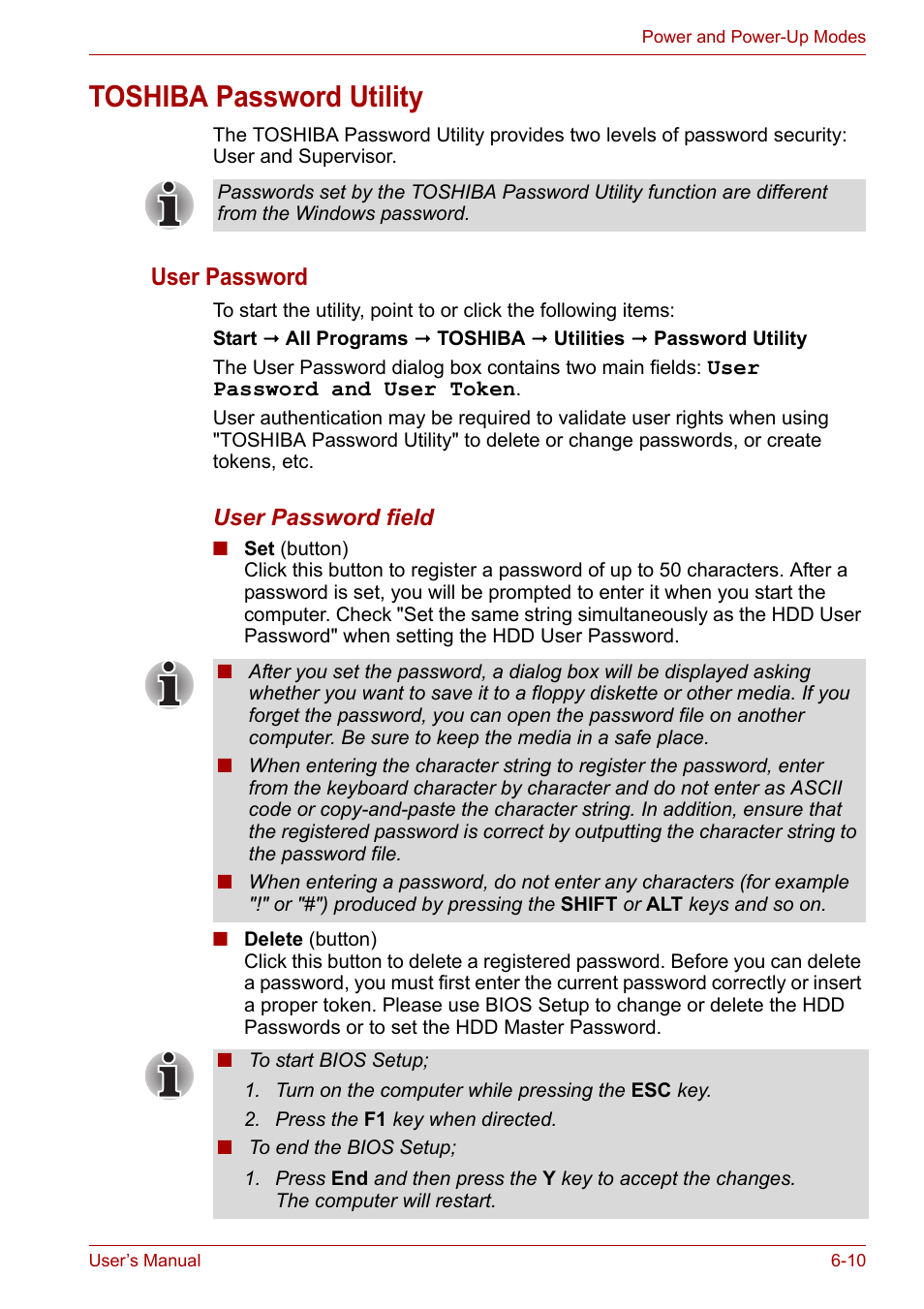 Toshiba password utility, Toshiba password utility -10, User password | Toshiba Portege A600 User Manual | Page 147 / 219