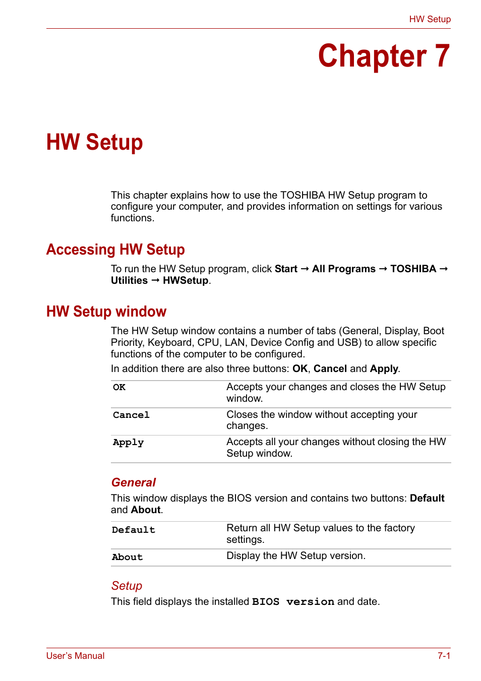 Chapter 7: hw setup, Accessing hw setup, Hw setup window | Chapter 7, Hw setup, Accessing hw setup -1 hw setup window -1, Apter 7, Ter 7 | Toshiba Portege A600 User Manual | Page 151 / 219