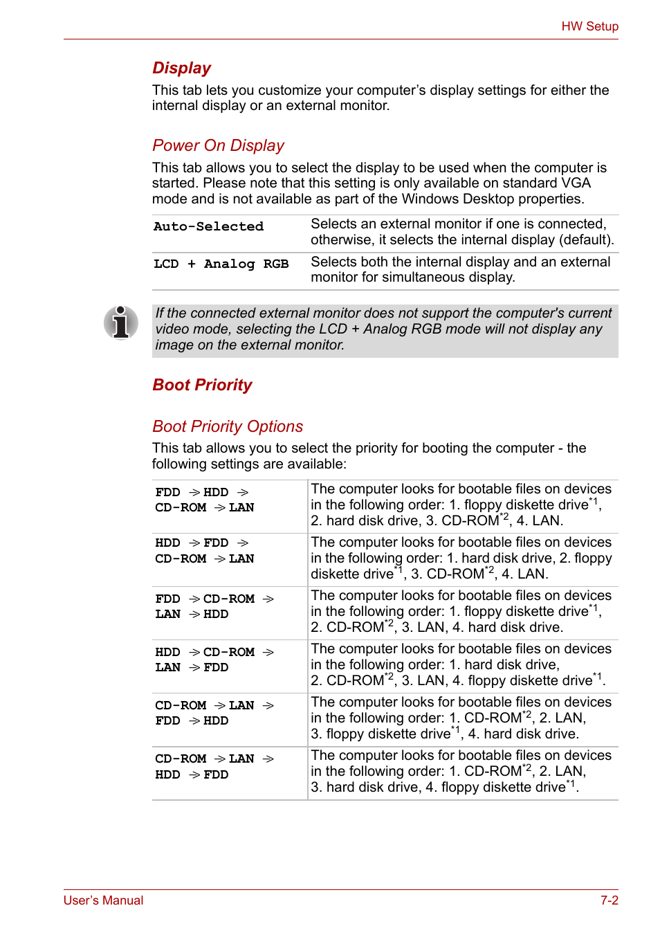 Boot priority, Display, Power on display | Boot priority boot priority options | Toshiba Portege A600 User Manual | Page 152 / 219