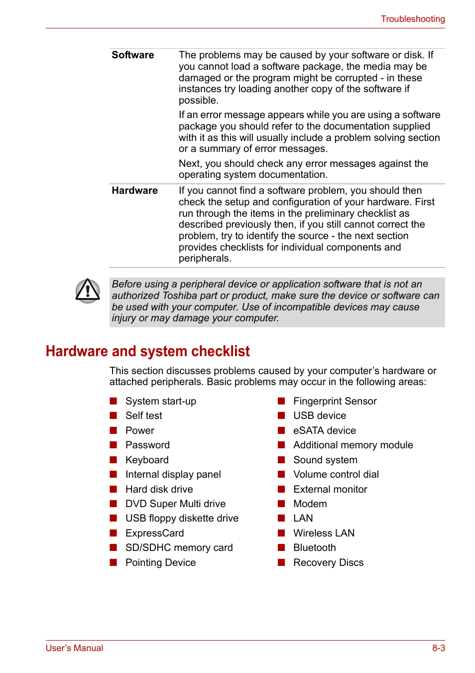 Hardware and system checklist, Hardware and system checklist -3 | Toshiba Portege A600 User Manual | Page 159 / 219