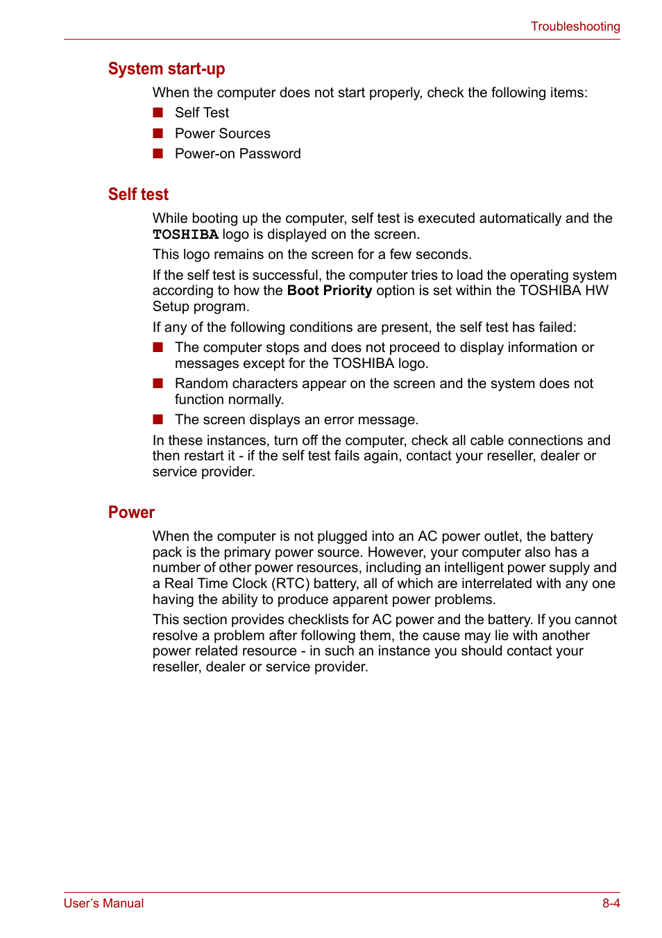 System start-up, Self test, Power | Toshiba Portege A600 User Manual | Page 160 / 219