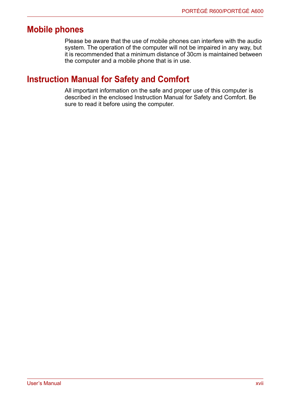 Mobile phones, Instruction manual for safety and comfort | Toshiba Portege A600 User Manual | Page 17 / 219