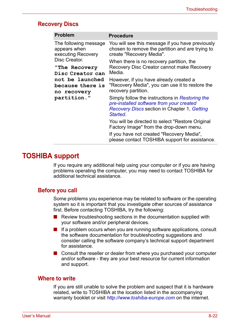 Toshiba support, Toshiba support -22, Recovery discs | Before you call, Where to write | Toshiba Portege A600 User Manual | Page 178 / 219