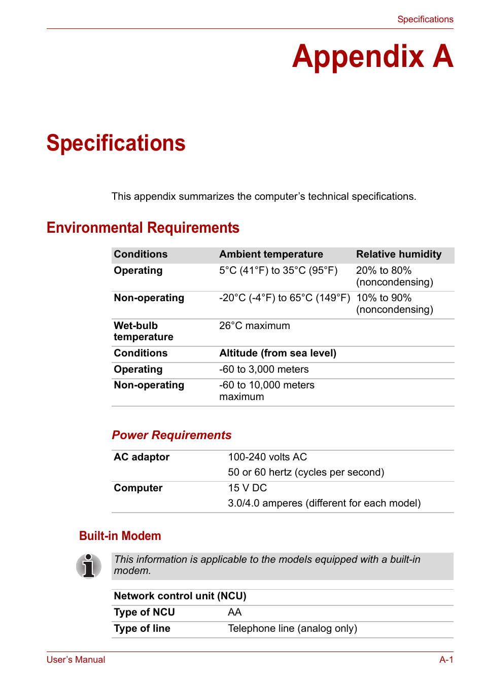Appendix a: specifications, Environmental requirements, Appendix a | Specifications | Toshiba Portege A600 User Manual | Page 179 / 219