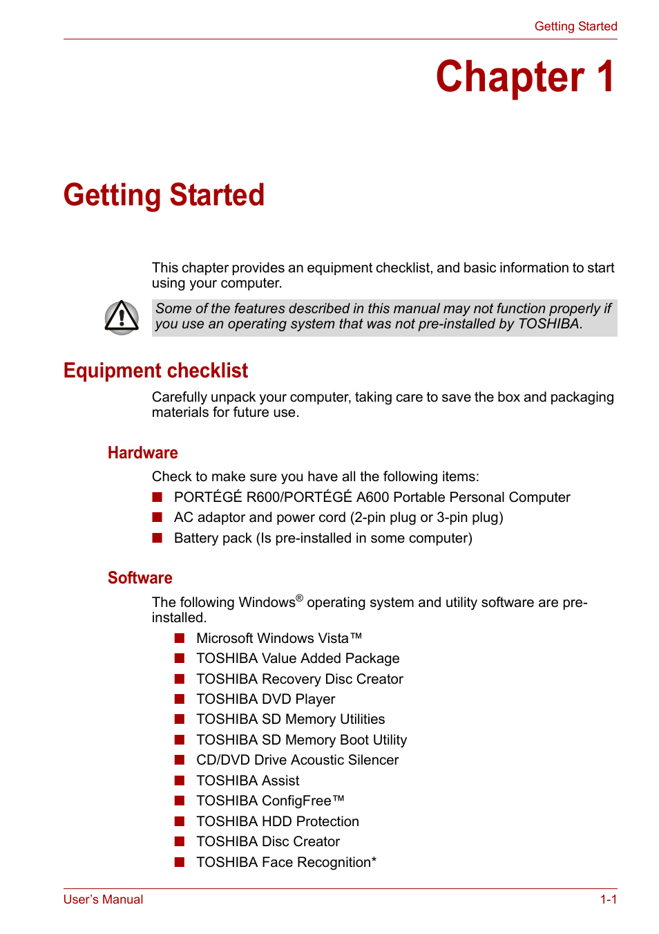 Chapter 1: getting started, Equipment checklist, Chapter 1 | Getting started, Equipment checklist -1 | Toshiba Portege A600 User Manual | Page 18 / 219