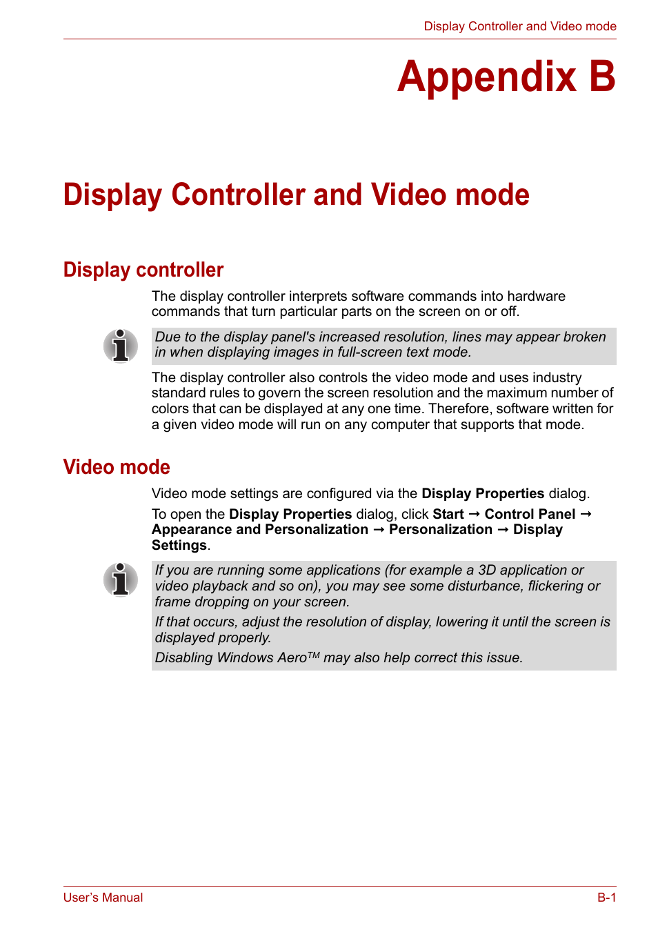 Appendix b: display controller and video mode, Display controller, Video mode | Appendix b, Display controller and video mode, Display controller and | Toshiba Portege A600 User Manual | Page 181 / 219