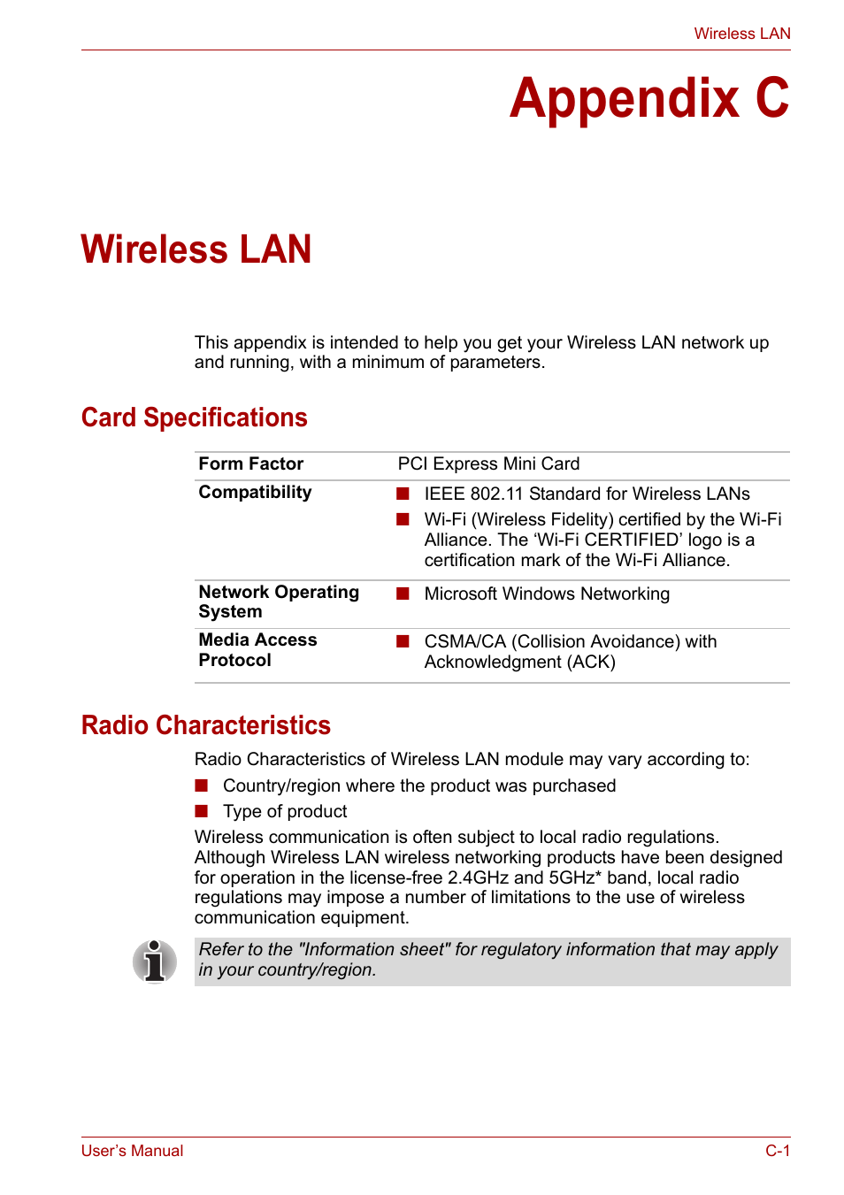 Appendix c: wireless lan, Card specifications, Radio characteristics | Appendix c, Wireless lan, Card specifications radio characteristics | Toshiba Portege A600 User Manual | Page 182 / 219