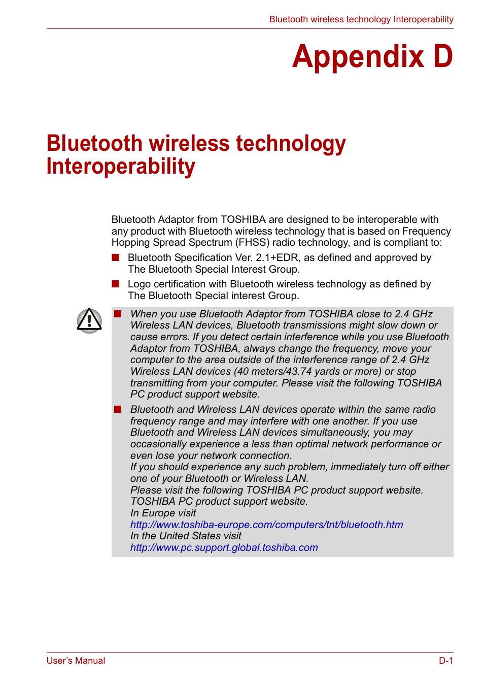 Appendix d, Bluetooth wireless technology interoperability | Toshiba Portege A600 User Manual | Page 186 / 219