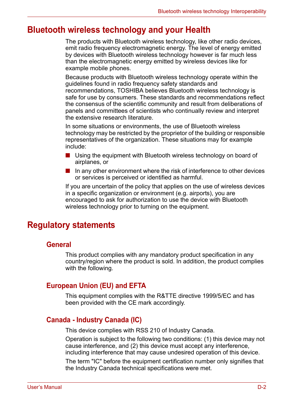 Bluetooth wireless technology and your health, Regulatory statements | Toshiba Portege A600 User Manual | Page 187 / 219