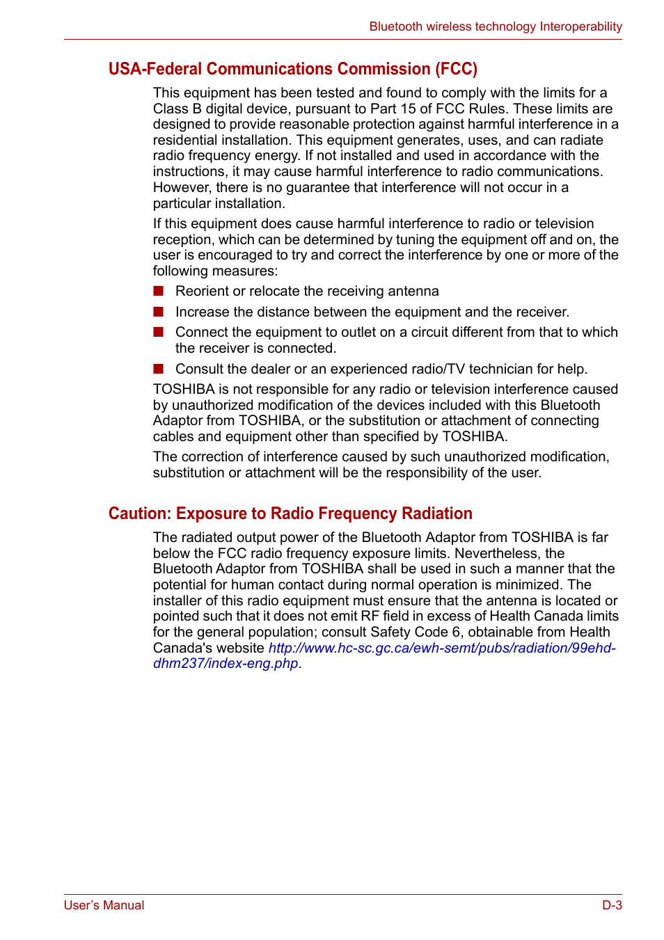 Usa-federal communications commission (fcc), Caution: exposure to radio frequency radiation | Toshiba Portege A600 User Manual | Page 188 / 219