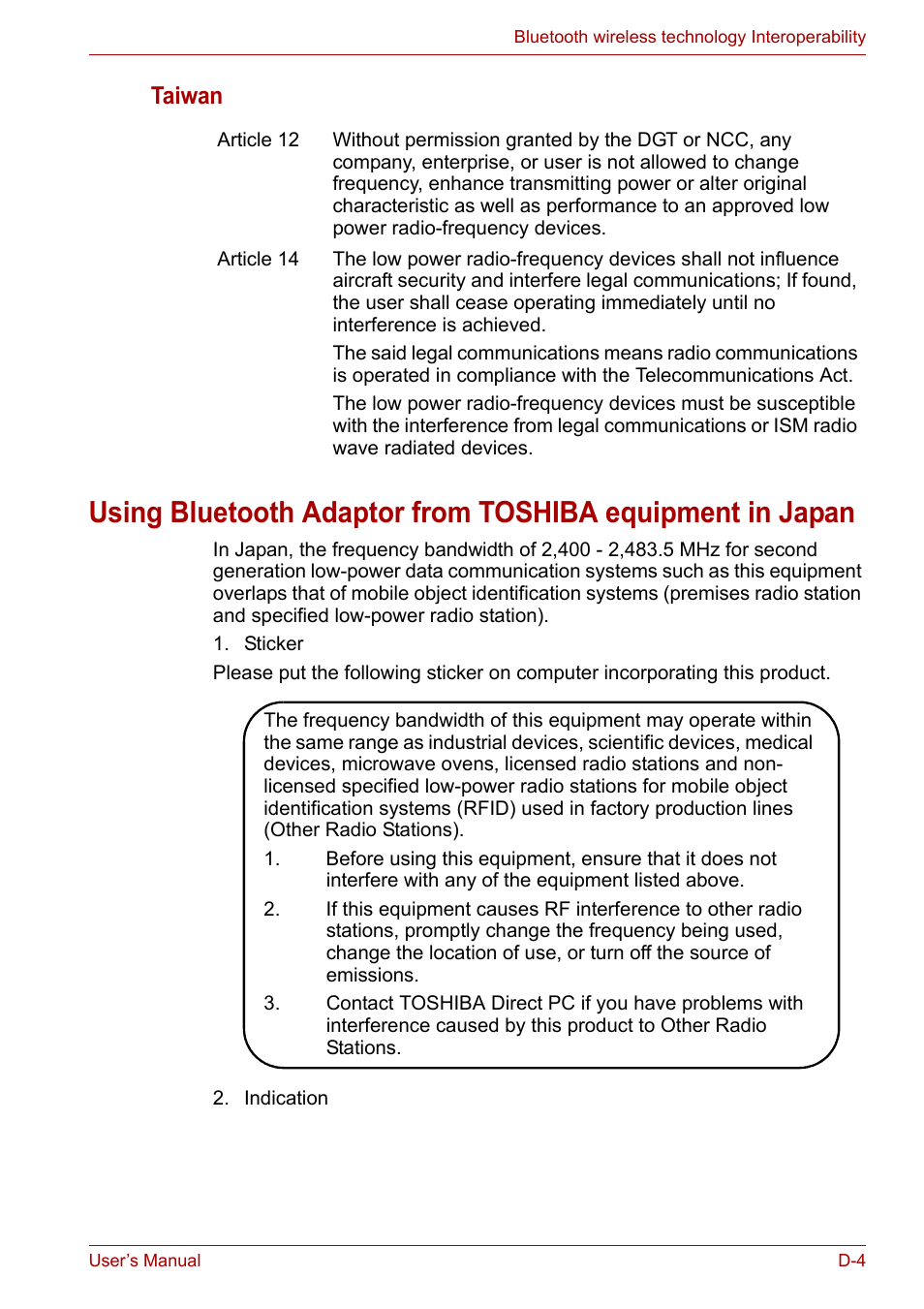 Taiwan | Toshiba Portege A600 User Manual | Page 189 / 219