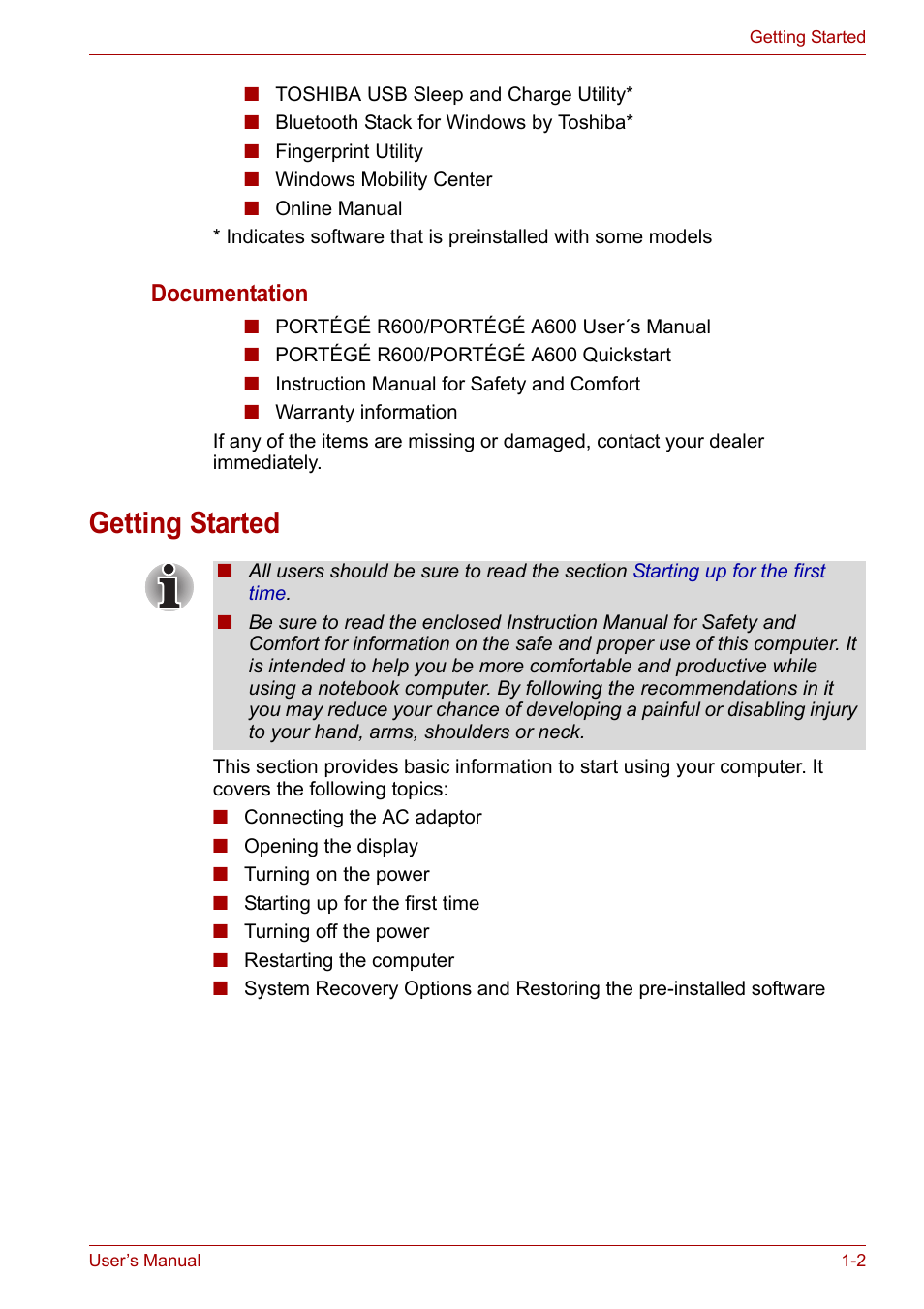 Getting started, Getting started -2, Documentation | Toshiba Portege A600 User Manual | Page 19 / 219
