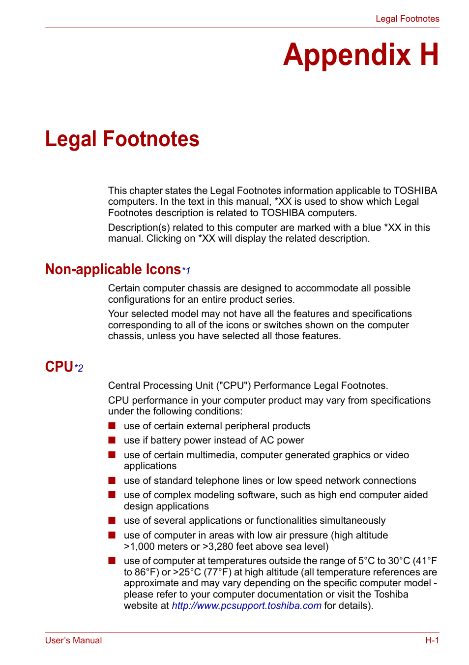 Appendix h: legal footnotes, Non-applicable icons*1, Cpu*2 | Appendix h, Legal footnotes, Non-applicable icons | Toshiba Portege A600 User Manual | Page 196 / 219