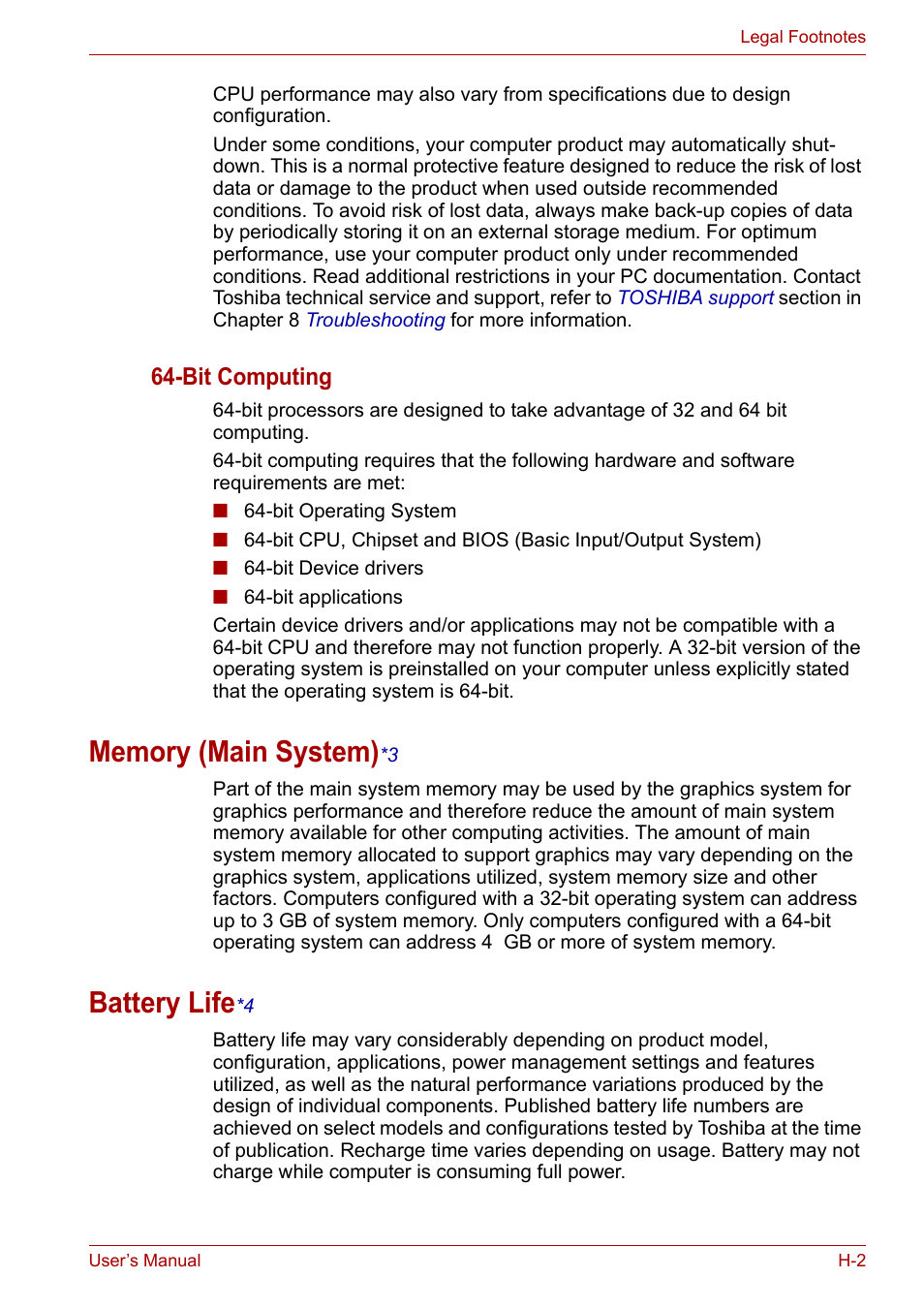 Memory (main system)*3, Battery life*4, Memory (main system) | Battery life, Battery li fe, Bit computing | Toshiba Portege A600 User Manual | Page 197 / 219