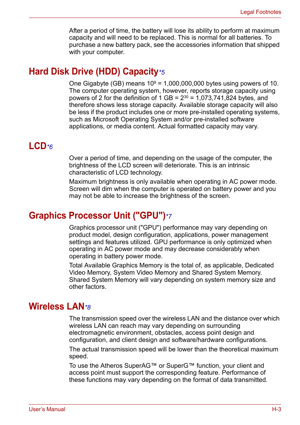 Hard disk drive (hdd) capacity*5, Lcd*6, Graphics processor unit ("gpu")*7 | Wireless lan*8, Hard disk drive (hdd) capacity, Graphics processor unit ("gpu"), Wireless lan, Disk drive (hdd) capacity), Legal footnote (lcd), Hard disk drive (hdd) capacit y | Toshiba Portege A600 User Manual | Page 198 / 219