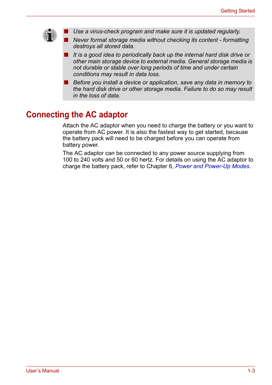 Connecting the ac adaptor, Connecting the ac adaptor -3 | Toshiba Portege A600 User Manual | Page 20 / 219