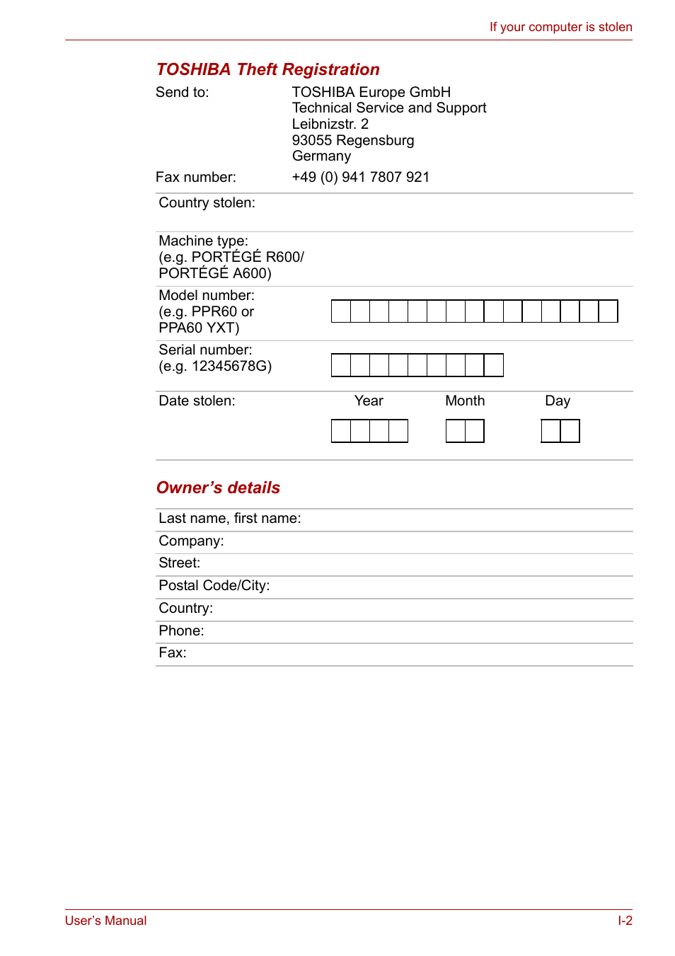 Toshiba theft registration, Owner’s details | Toshiba Portege A600 User Manual | Page 201 / 219