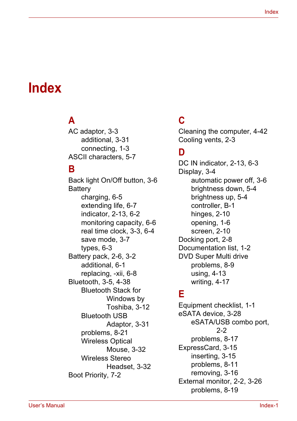 Index | Toshiba Portege A600 User Manual | Page 215 / 219