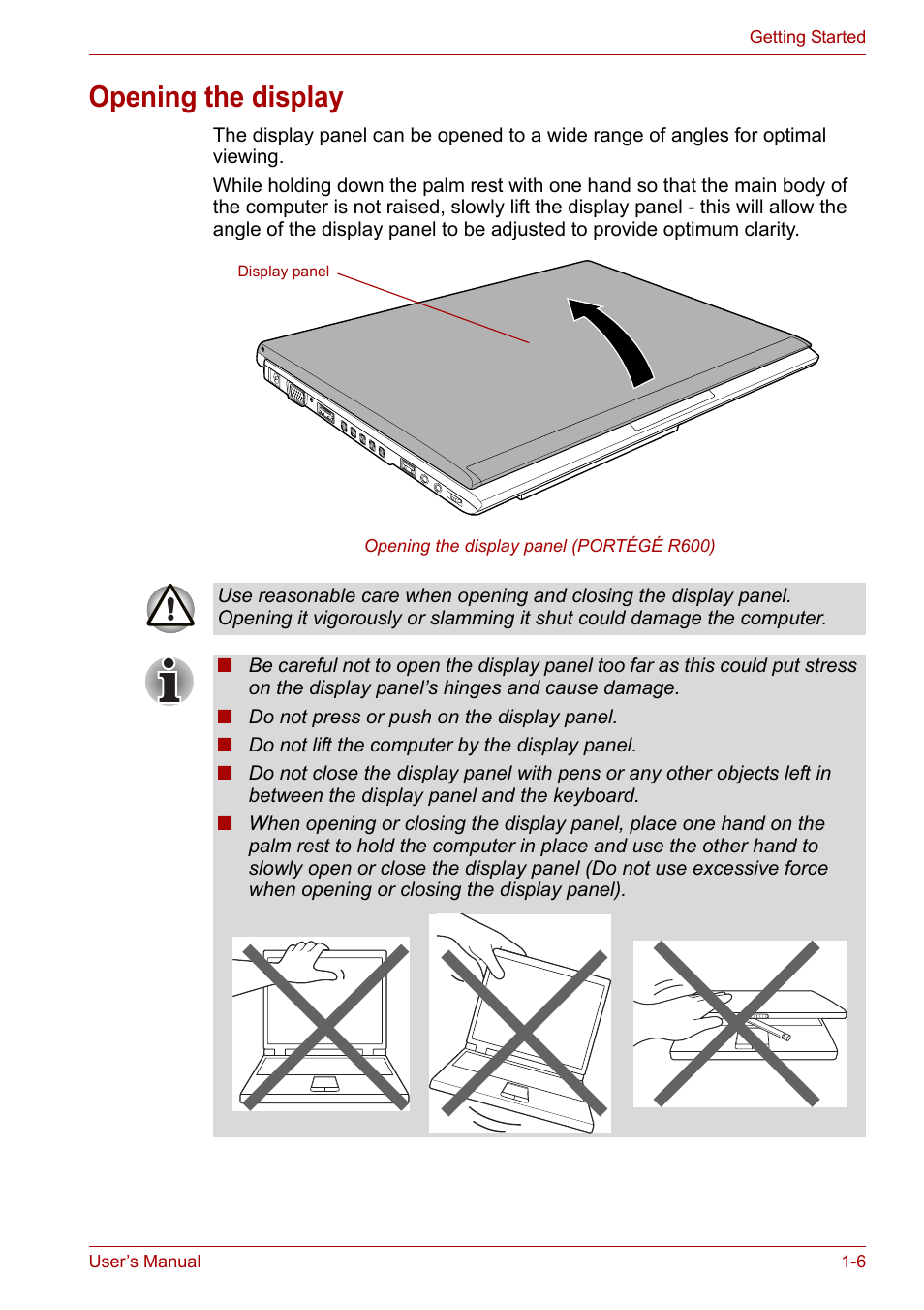 Opening the display, Opening the display -6 | Toshiba Portege A600 User Manual | Page 23 / 219