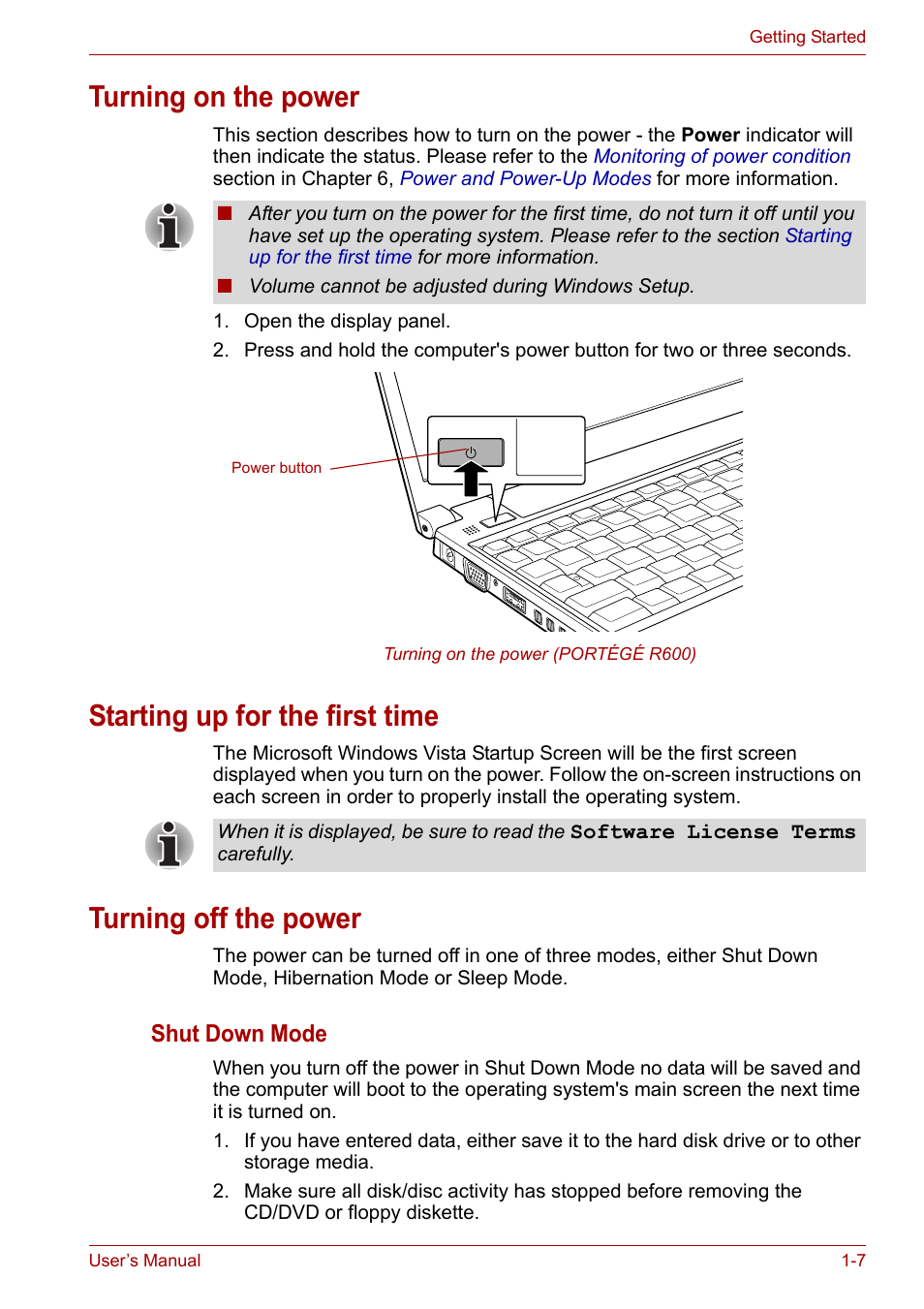 Turning on the power, Starting up for the first time, Turning off the power | Toshiba Portege A600 User Manual | Page 24 / 219