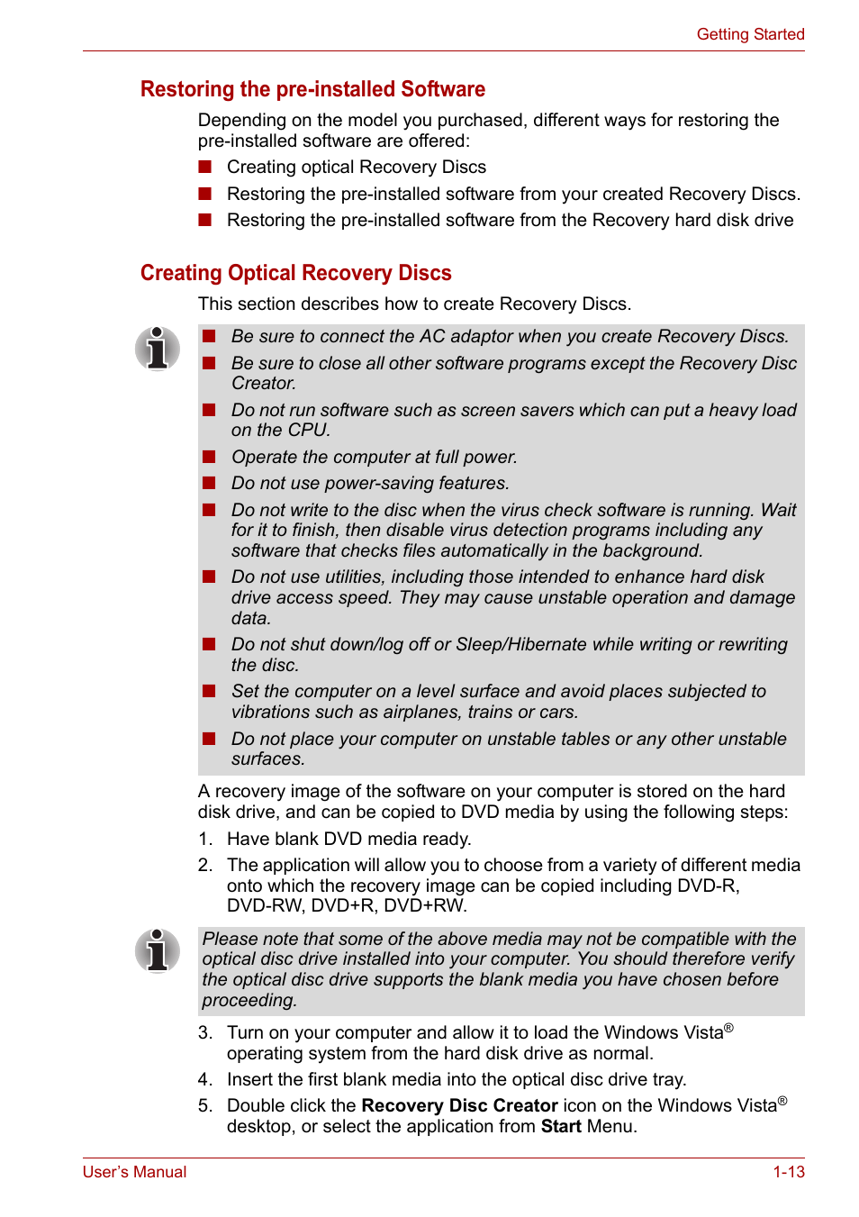 Restoring the pre-installed software, Creating optical recovery discs | Toshiba Portege A600 User Manual | Page 30 / 219