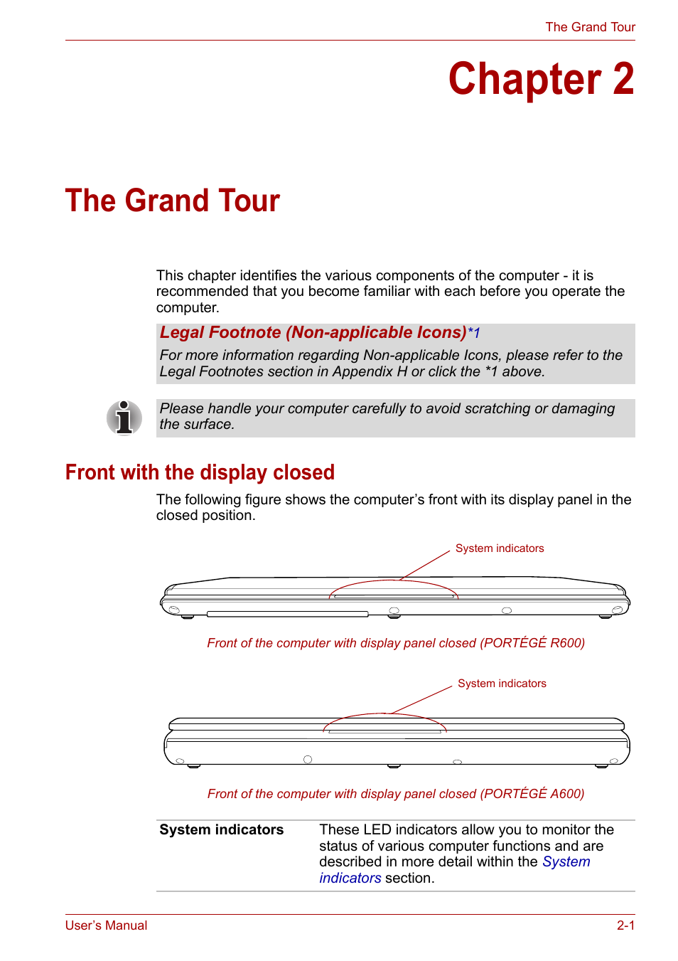 Chapter 2: the grand tour, Front with the display closed, Chapter 2 | The grand tour, Front with the display closed -1 | Toshiba Portege A600 User Manual | Page 33 / 219