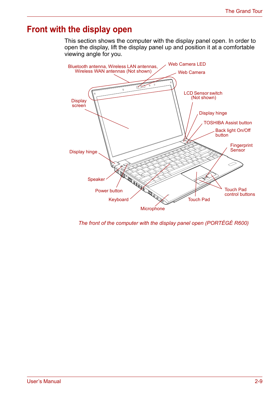 Front with the display open, Front with the display open -9 | Toshiba Portege A600 User Manual | Page 41 / 219