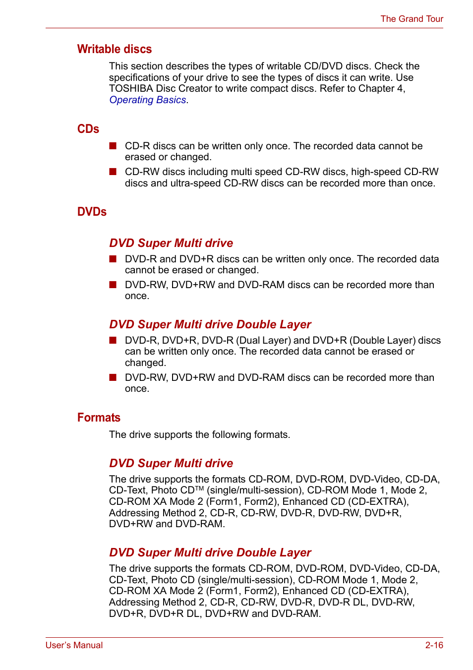 Writable discs, Dvds, Formats | Toshiba Portege A600 User Manual | Page 48 / 219