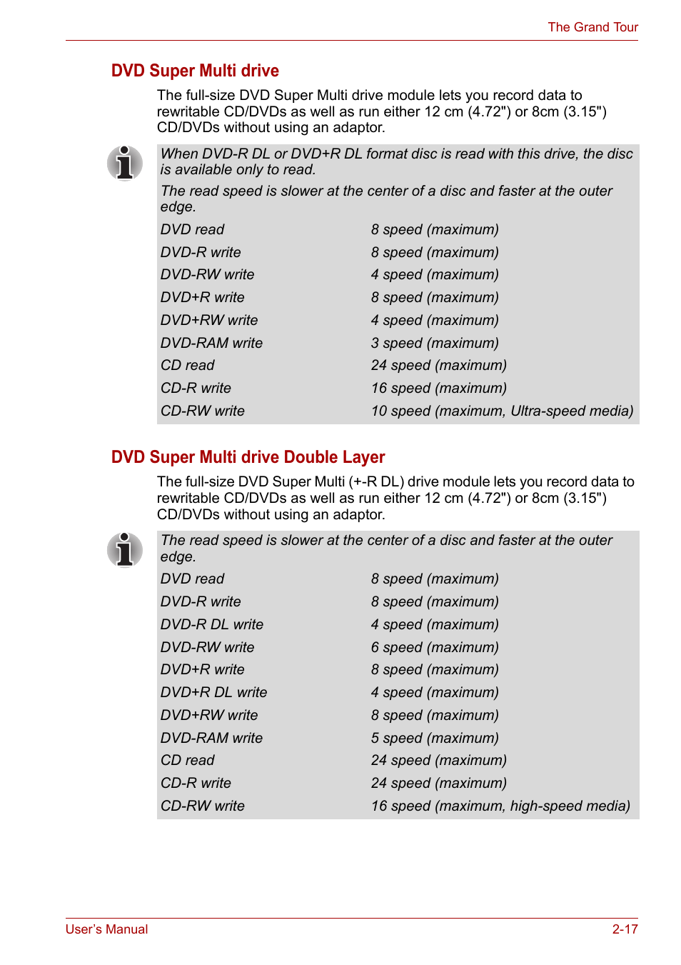 Dvd super multi drive, Dvd super multi drive double layer | Toshiba Portege A600 User Manual | Page 49 / 219