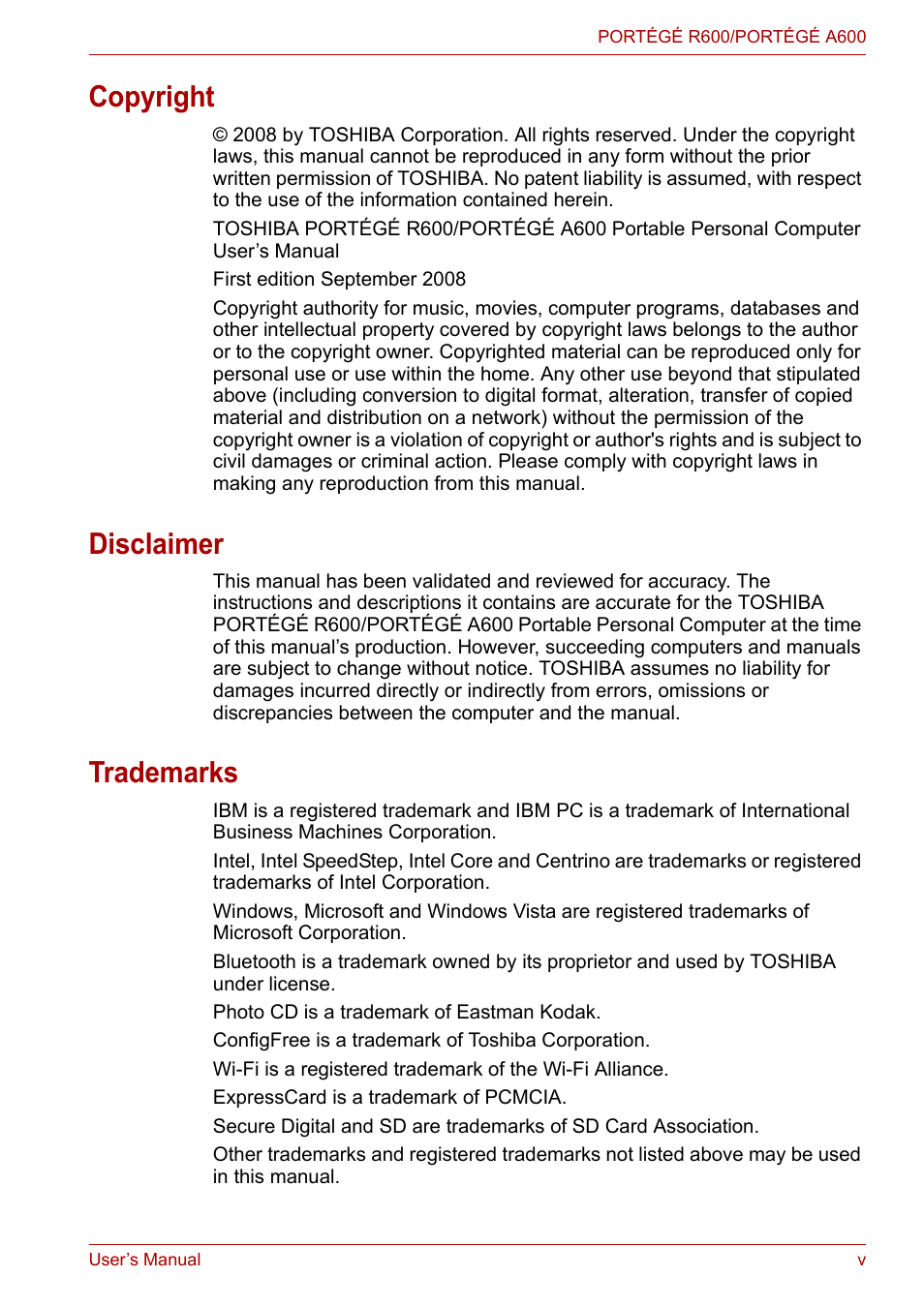 Copyright, Disclaimer, Trademarks | Toshiba Portege A600 User Manual | Page 5 / 219