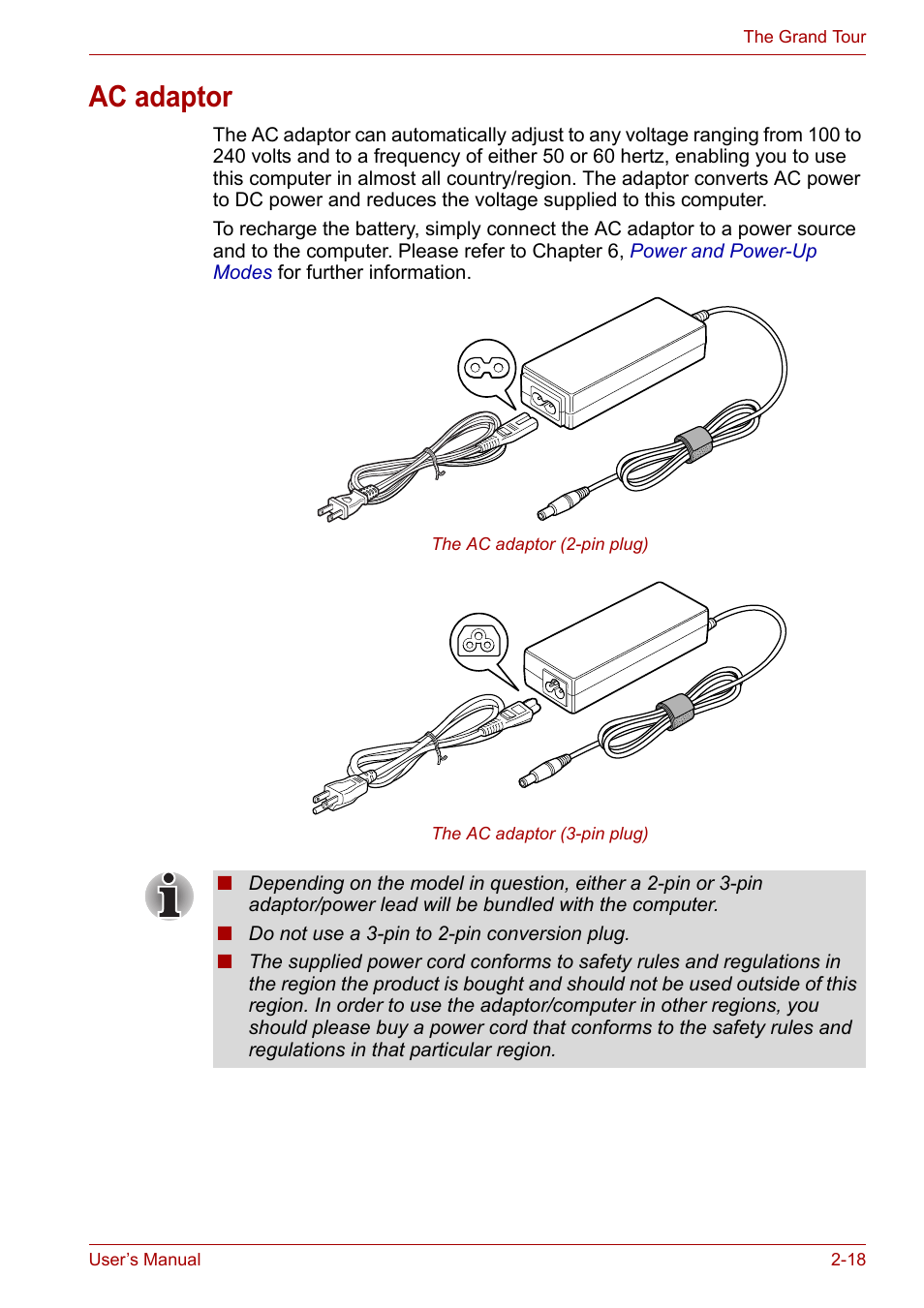 Ac adaptor, Ac adaptor -18 | Toshiba Portege A600 User Manual | Page 50 / 219