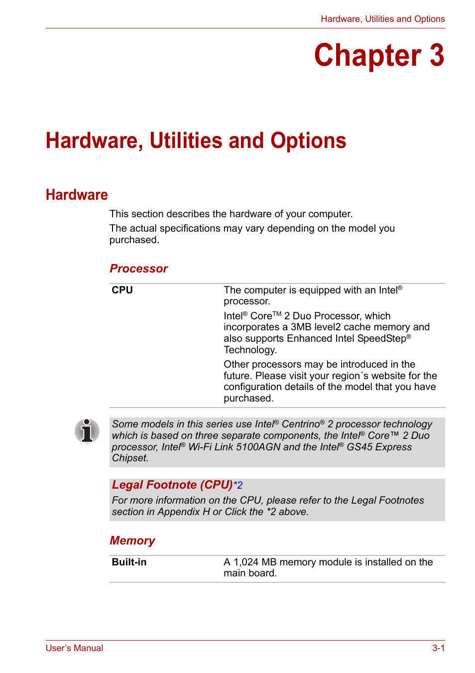 Chapter 3: hardware, utilities and options, Hardware, Chapter 3 | Hardware, utilities and options, Hardware -1, Utilities and options | Toshiba Portege A600 User Manual | Page 52 / 219