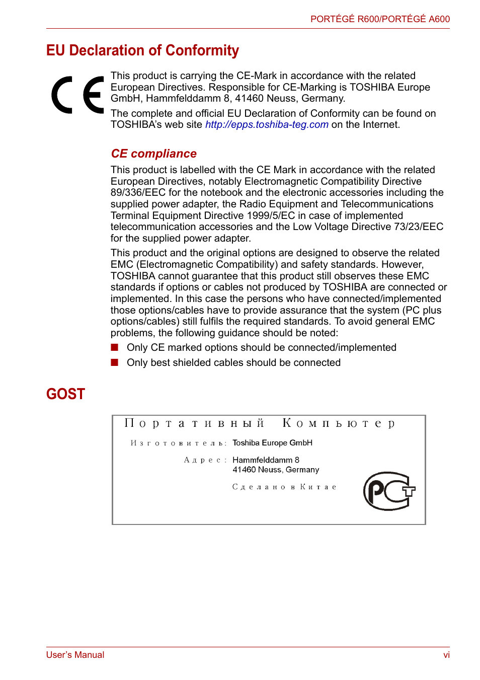 Eu declaration of conformity, Gost | Toshiba Portege A600 User Manual | Page 6 / 219