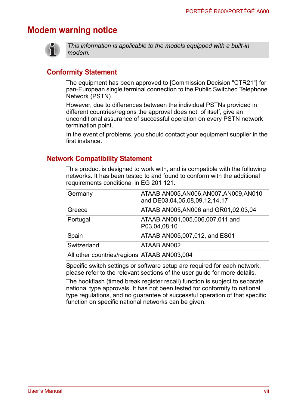 Modem warning notice, Conformity statement, Network compatibility statement | Toshiba Portege A600 User Manual | Page 7 / 219