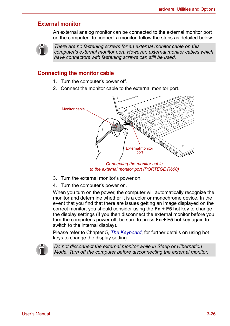 External monitor, Connecting the monitor cable | Toshiba Portege A600 User Manual | Page 77 / 219