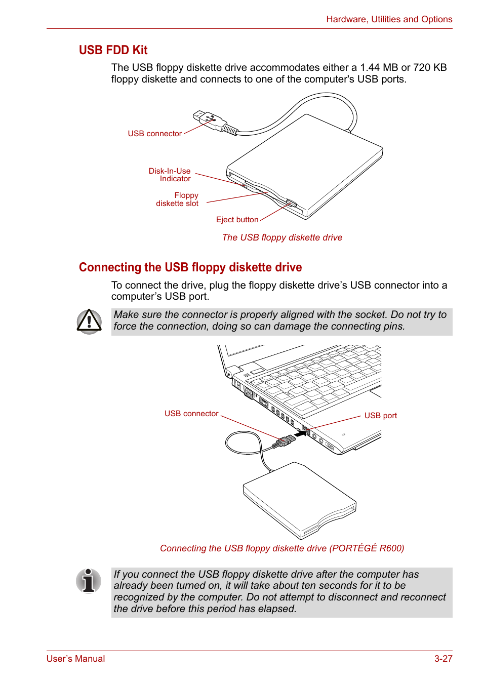 Usb fdd kit, Connecting the usb floppy diskette drive | Toshiba Portege A600 User Manual | Page 78 / 219