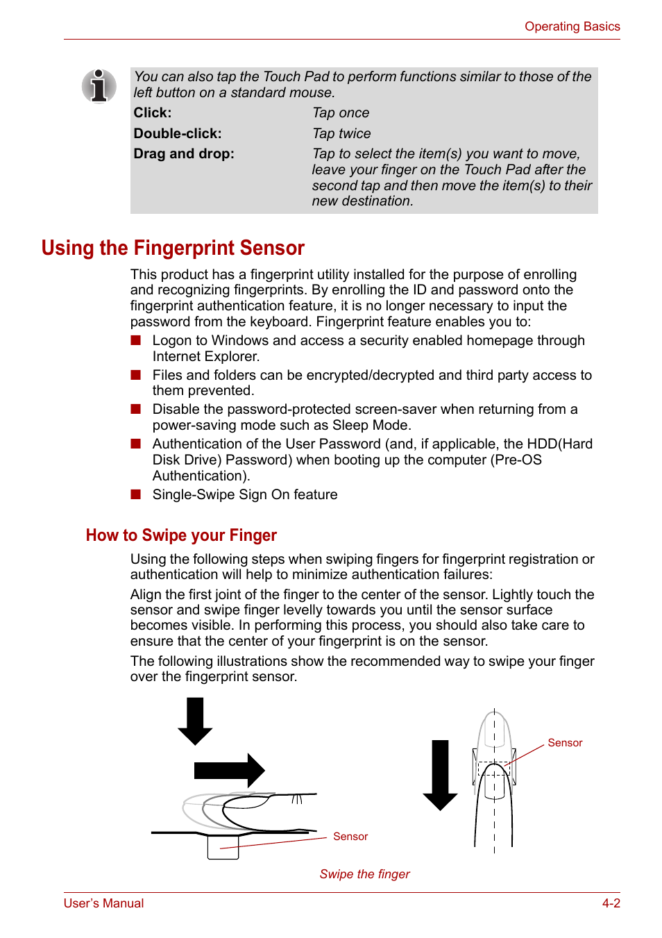 Using the fingerprint sensor, Using the fingerprint sensor -2, How to swipe your finger | Toshiba Portege A600 User Manual | Page 85 / 219