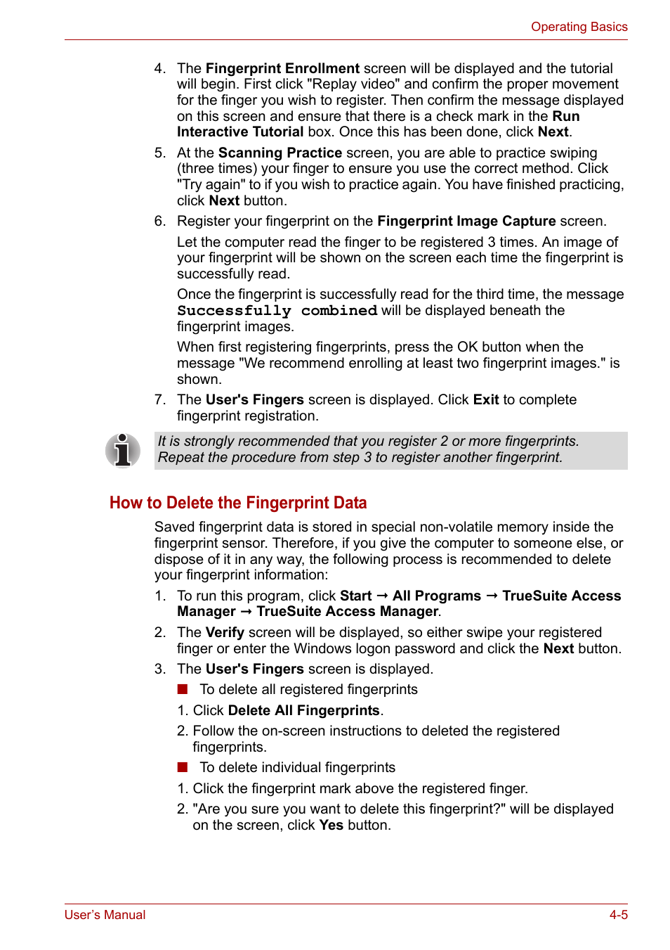How to delete the fingerprint data | Toshiba Portege A600 User Manual | Page 88 / 219