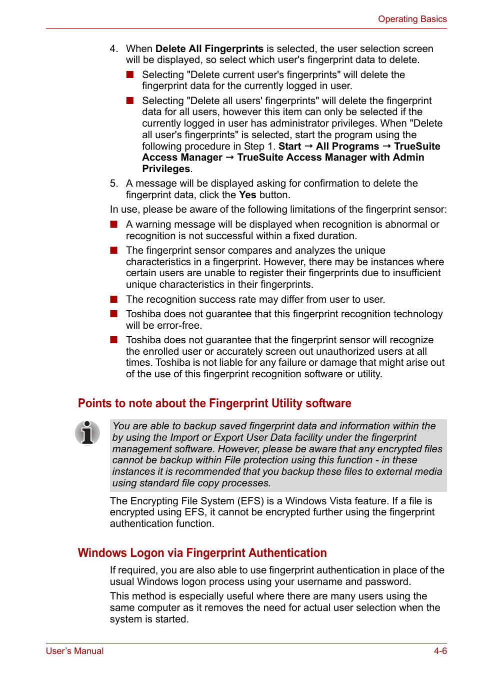 Windows logon via fingerprint authentication | Toshiba Portege A600 User Manual | Page 89 / 219