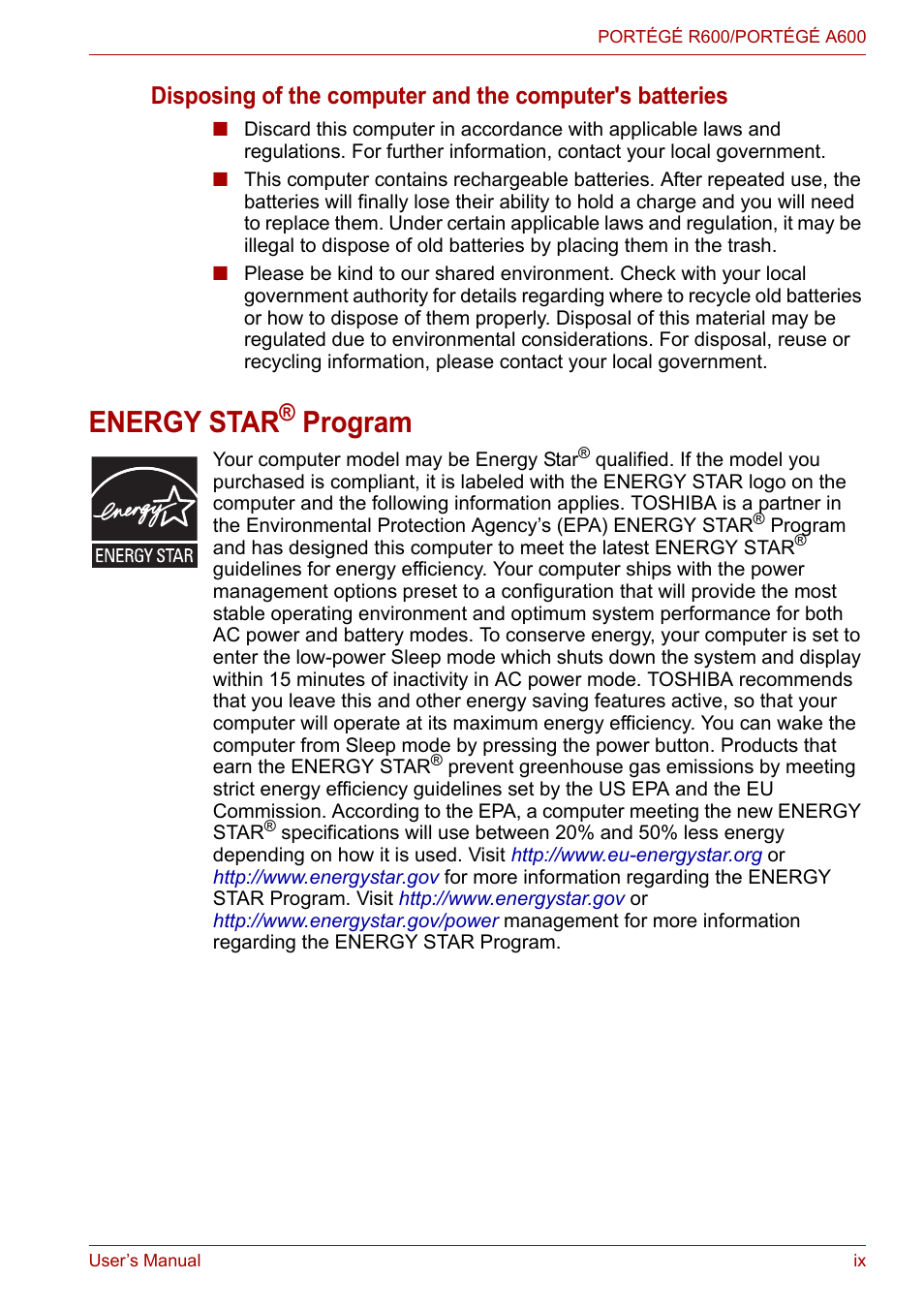 Energy star, Program | Toshiba Portege A600 User Manual | Page 9 / 219