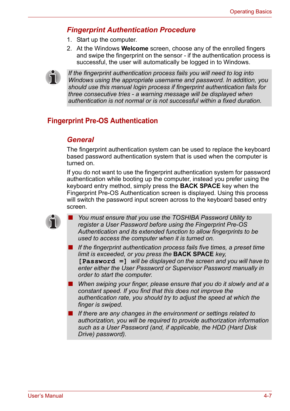 Fingerprint pre-os authentication | Toshiba Portege A600 User Manual | Page 90 / 219