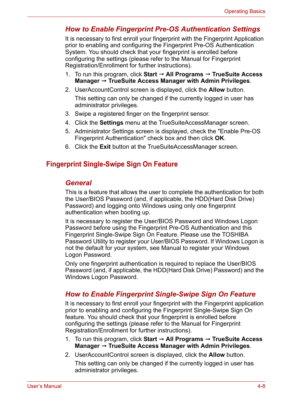 Fingerprint single-swipe sign on feature | Toshiba Portege A600 User Manual | Page 91 / 219