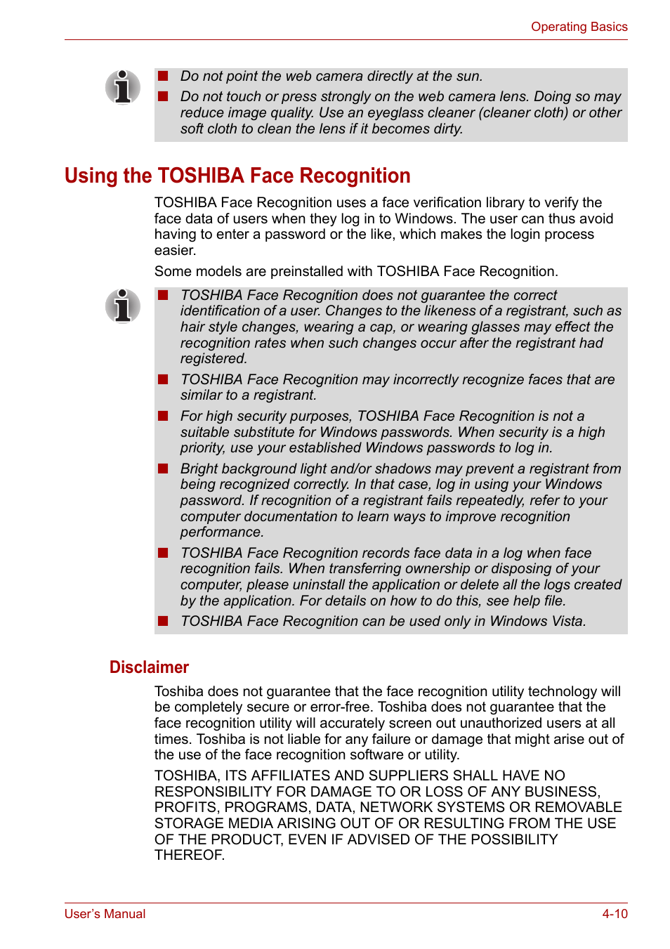 Using the toshiba face recognition, Using the toshiba face recognition -10, Disclaimer | Toshiba Portege A600 User Manual | Page 93 / 219