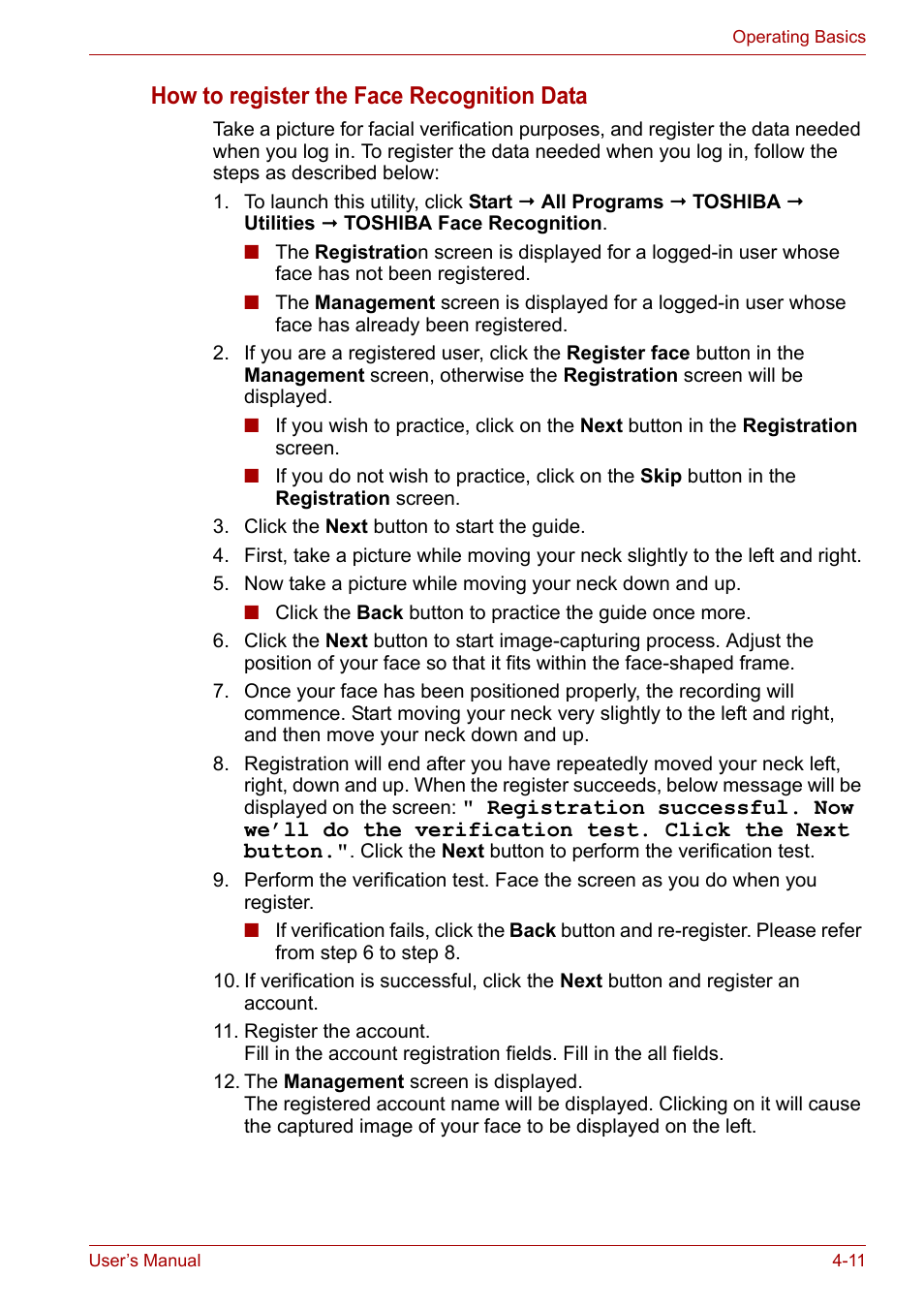 How to register the face recognition data | Toshiba Portege A600 User Manual | Page 94 / 219