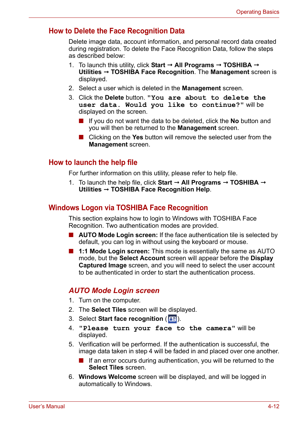 How to delete the face recognition data, How to launch the help file, Windows logon via toshiba face recognition | Toshiba Portege A600 User Manual | Page 95 / 219