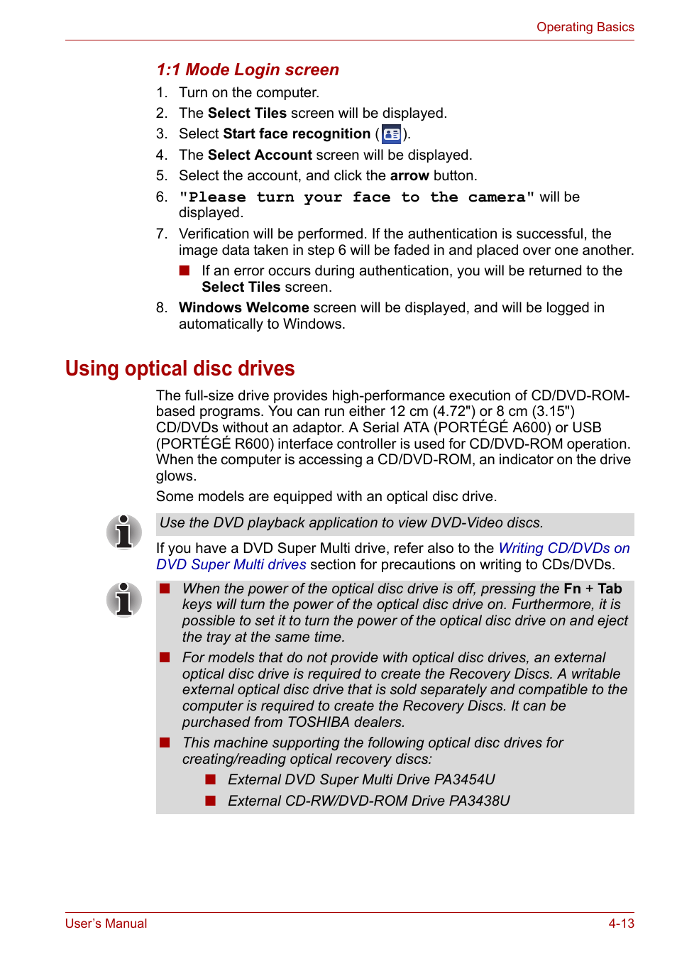 Using optical disc drives, Using optical disc drives -13, Using optical | Disc drives | Toshiba Portege A600 User Manual | Page 96 / 219