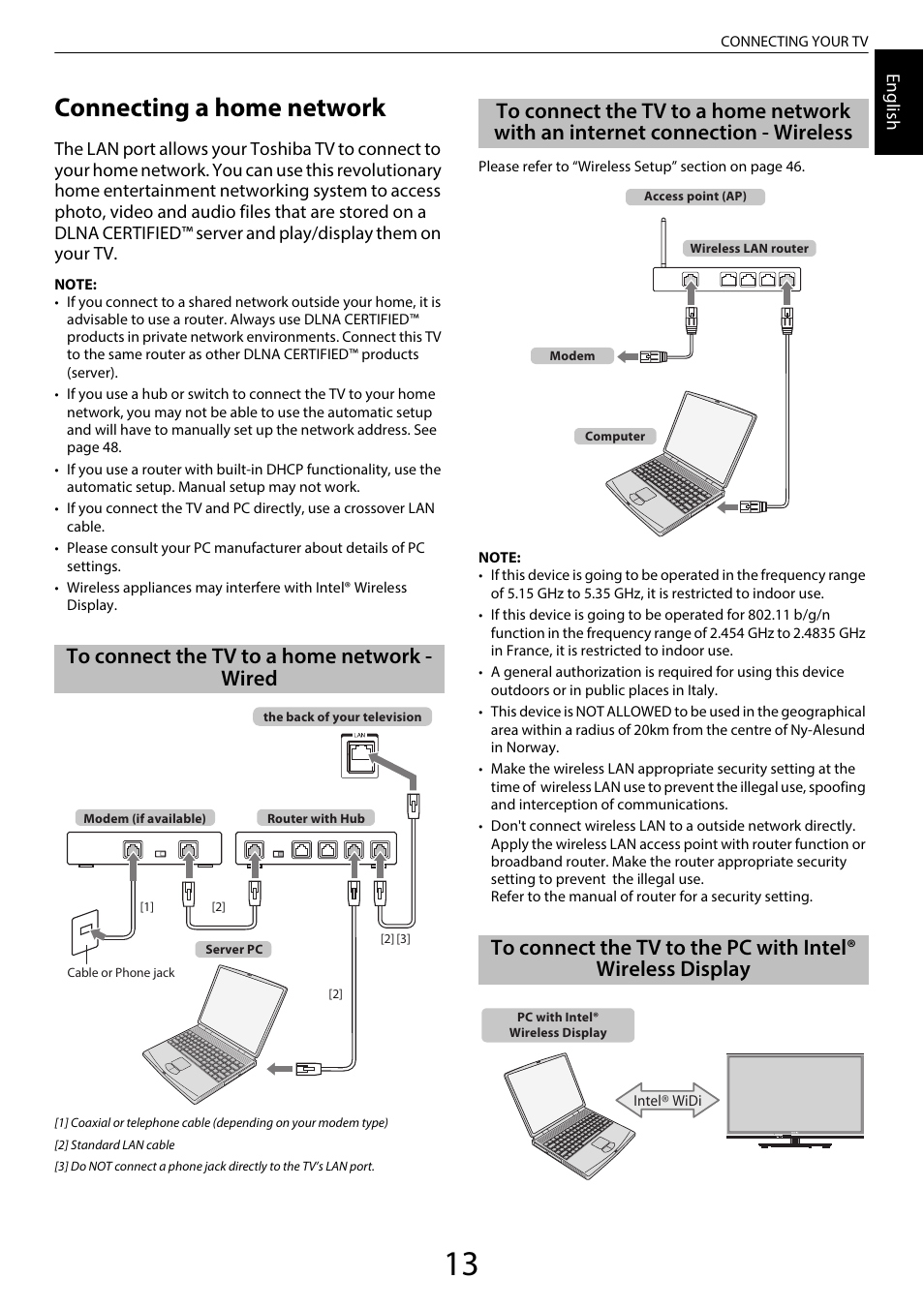 Connecting a home network, To connect the tv to a home network - wired, Internet connection - wireless | To connect the tv to the pc with, Intel® wireless display | Toshiba UL985 User Manual | Page 13 / 102