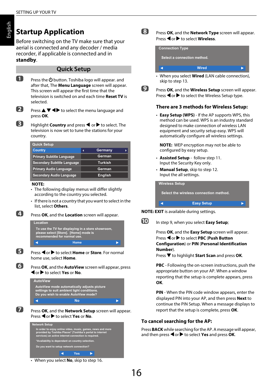 Setting up your tv, Startup application, Quick setup | Toshiba UL985 User Manual | Page 16 / 102