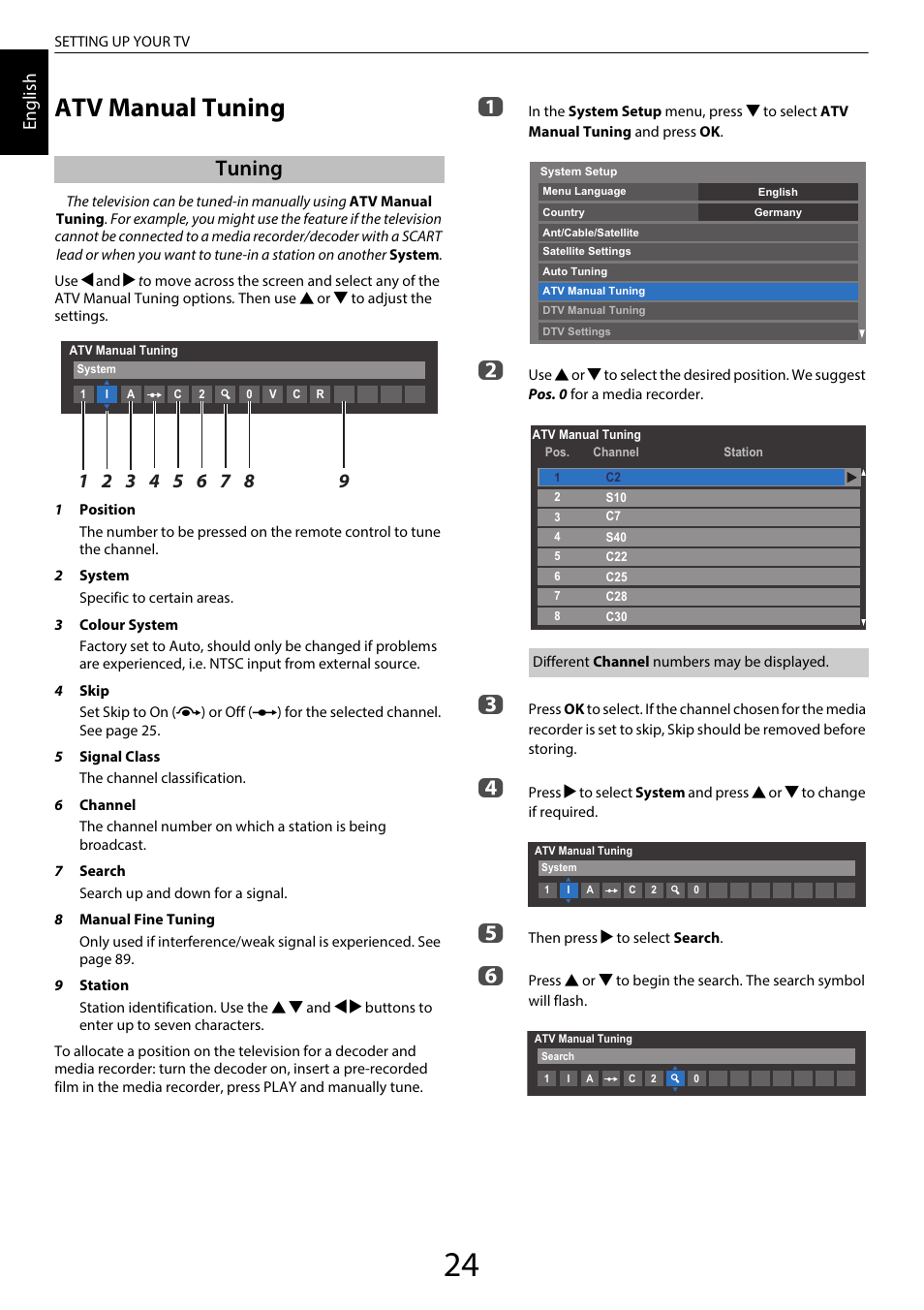 Atv manual tuning, Tuning, En glis h | Toshiba UL985 User Manual | Page 24 / 102