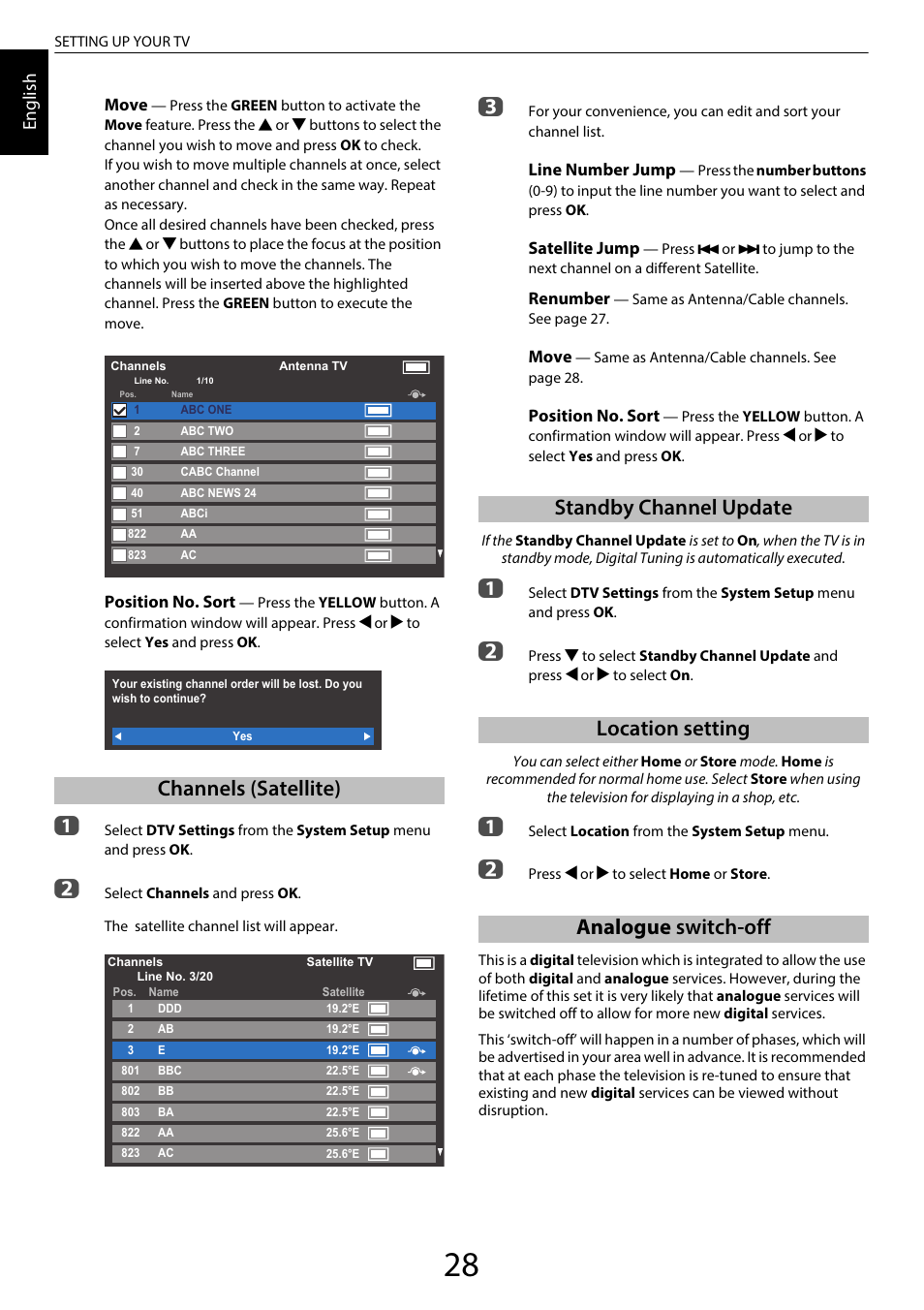 Channels (satellite), Standby channel update, Location setting | Analogue switch-off, En glis h | Toshiba UL985 User Manual | Page 28 / 102